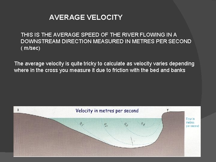 AVERAGE VELOCITY THIS IS THE AVERAGE SPEED OF THE RIVER FLOWING IN A DOWNSTREAM