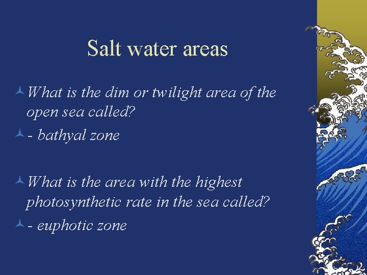Salt water areas ©What is the dim or twilight area of the open sea