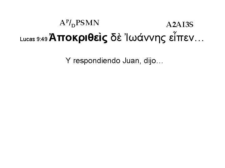 AP/DPSMN Lucas 9: 49 A 2 AI 3 S Ἀποκριθεὶς δὲ Ἰωάννης εἶπεν… Y