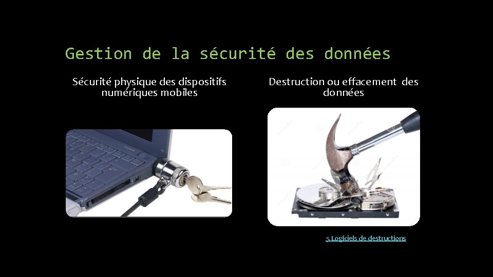 Gestion de la sécurité des données Sécurité physique des dispositifs numériques mobiles Destruction ou