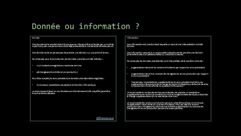 Donnée ou information ? Donnée Information Une donnée est le résultat direct d'une mesure.