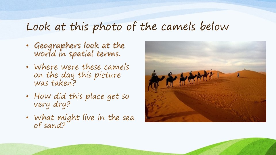 Look at this photo of the camels below • Geographers look at the world