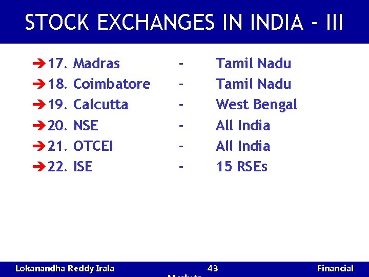 STOCK EXCHANGES IN INDIA - III è 17. Madras è 18. Coimbatore è 19.