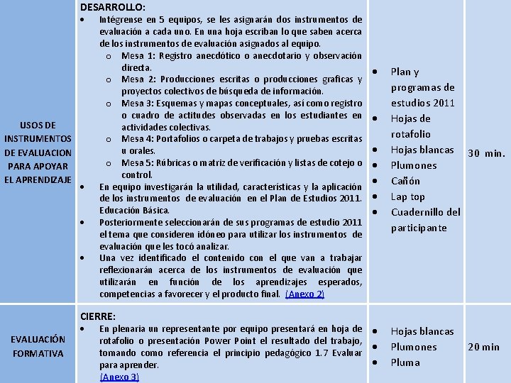 DESARROLLO: USOS DE INSTRUMENTOS DE EVALUACION PARA APOYAR EL APRENDIZAJE Intégrense en 5 equipos,