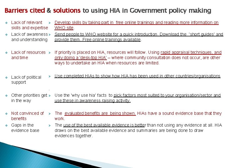 Barriers cited & solutions to using HIA in Government policy making Lack of relevant