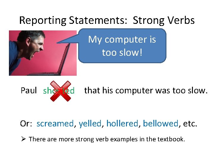 Reporting Statements: Strong Verbs My computer is too slow! said that his computer was
