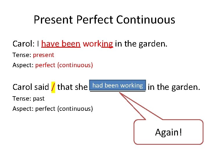 Present Perfect Continuous Carol: I have been working in the garden. Tense: present Aspect: