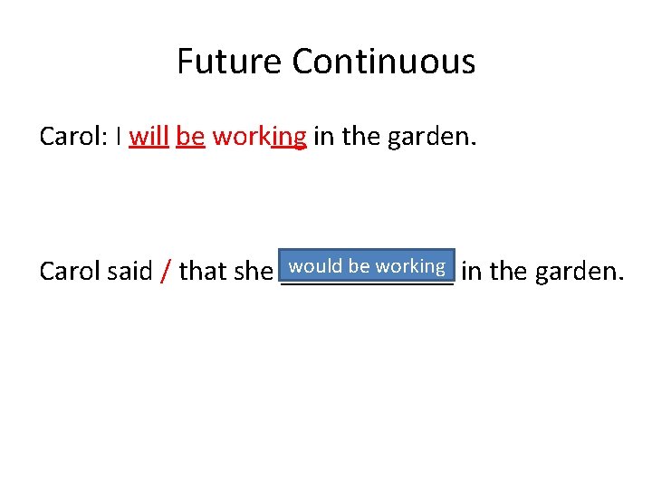 Future Continuous Carol: I will be working in the garden. would be working in