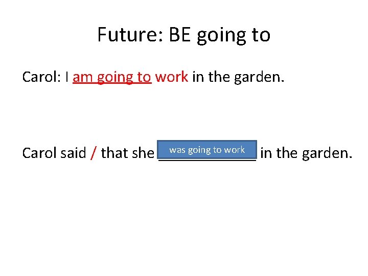 Future: BE going to Carol: I am going to work in the garden. was
