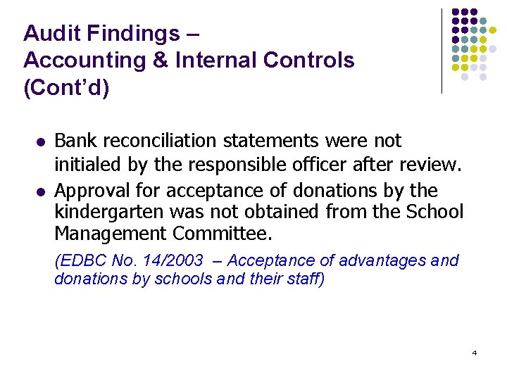 Audit Findings – Accounting & Internal Controls (Cont’d) l l Bank reconciliation statements were