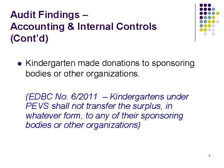 Audit Findings – Accounting & Internal Controls (Cont’d) l Kindergarten made donations to sponsoring