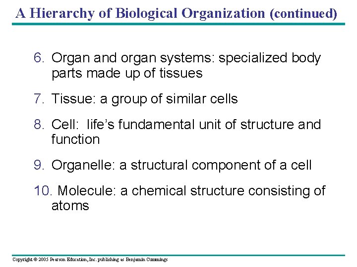 A Hierarchy of Biological Organization (continued) 6. Organ and organ systems: specialized body parts