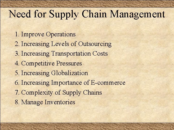 Need for Supply Chain Management 1. Improve Operations 2. Increasing Levels of Outsourcing 3.