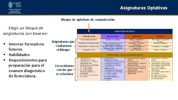 Asignaturas Optativas Bloque de optativas de comunicación Elegir un bloque de asignaturas con base