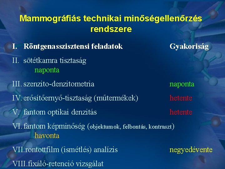 Mammográfiás technikai minőségellenőrzés rendszere I. Röntgenasszisztensi feladatok Gyakoriság II. sötétkamra tisztaság naponta III. szenzito-denzitometria