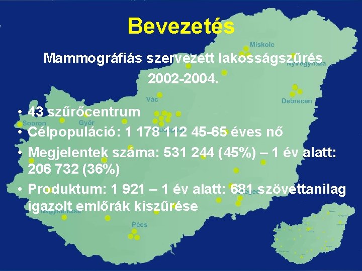 Bevezetés Mammográfiás szervezett lakosságszűrés 2002 -2004. • 43 szűrőcentrum • Célpopuláció: 1 178 112