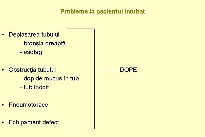 Probleme la pacientul intubat • Deplasarea tubului - bronşia dreaptă - esofag • Obstrucţia