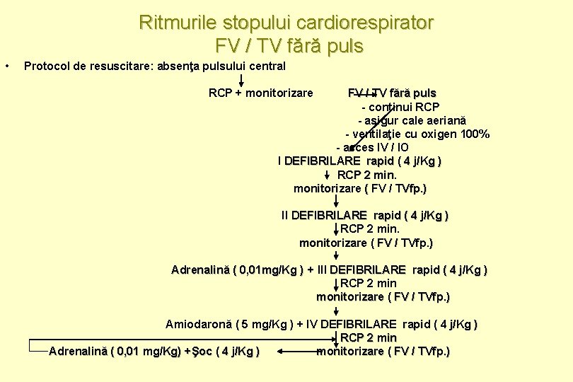 Ritmurile stopului cardiorespirator FV / TV fără puls • Protocol de resuscitare: absenţa pulsului