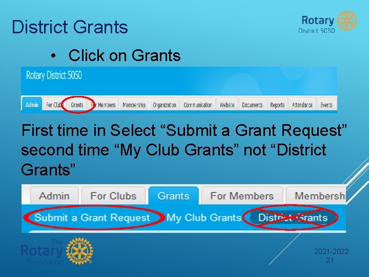 District Grants • Click on Grants First time in Select “Submit a Grant Request”