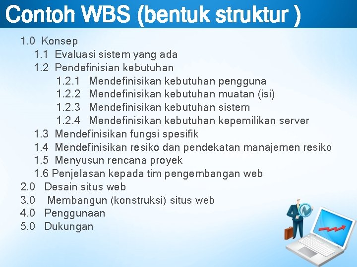 Contoh WBS (bentuk struktur ) 1. 0 Konsep 1. 1 Evaluasi sistem yang ada