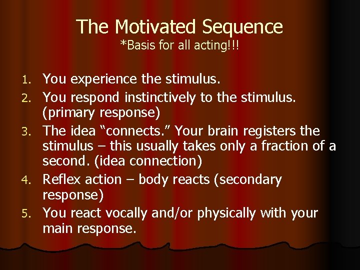 The Motivated Sequence *Basis for all acting!!! 1. 2. 3. 4. 5. You experience