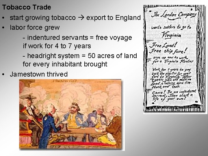 Tobacco Trade • start growing tobacco export to England • labor force grew - Tobacco Trade • start growing tobacco export to England • labor force grew -