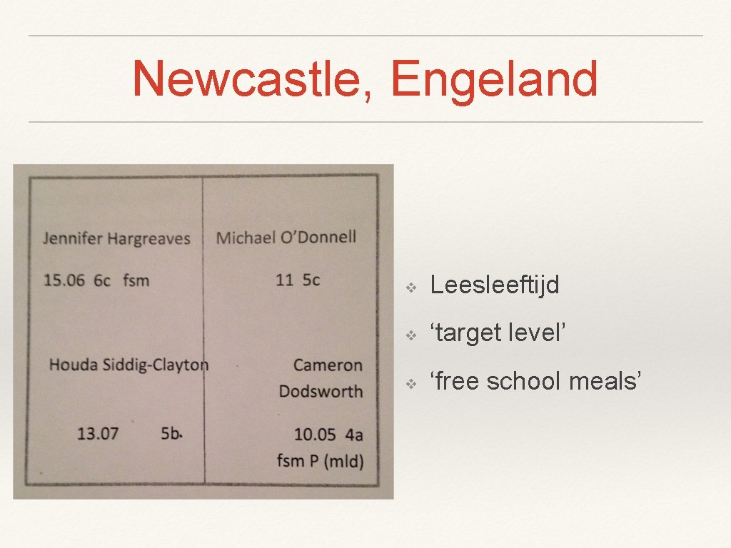 Newcastle, Engeland ❖ Leesleeftijd ❖ ‘target level’ ❖ ‘free school meals’ 