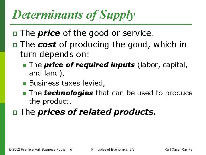 Determinants of Supply The price of the good or service. p The cost of