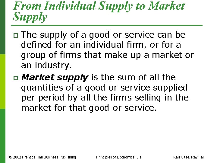 From Individual Supply to Market Supply The supply of a good or service can