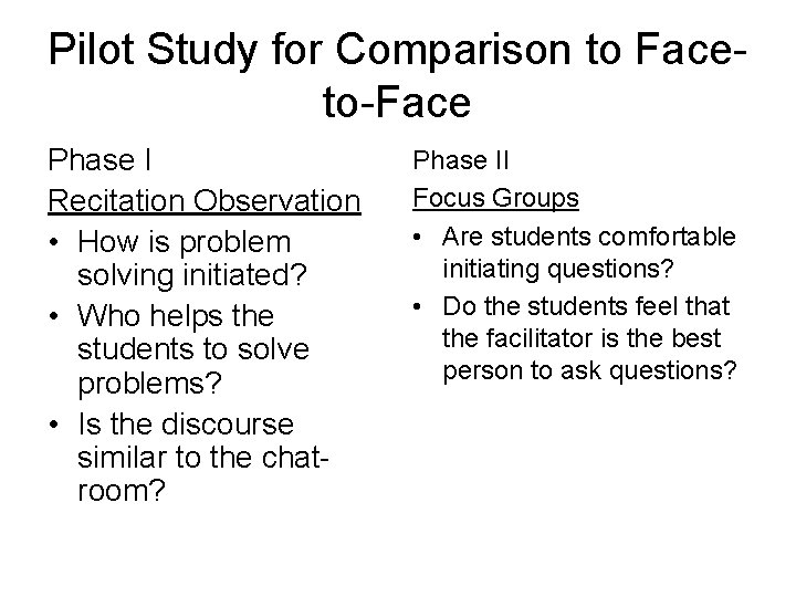 Pilot Study for Comparison to Faceto-Face Phase I Recitation Observation • How is problem