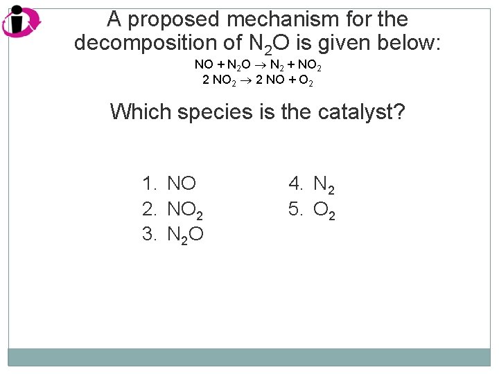 A proposed mechanism for the decomposition of N 2 O is given below: NO