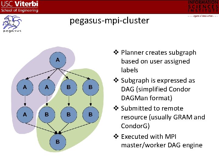 pegasus-mpi-cluster v Planner creates subgraph based on user assigned labels v Subgraph is expressed