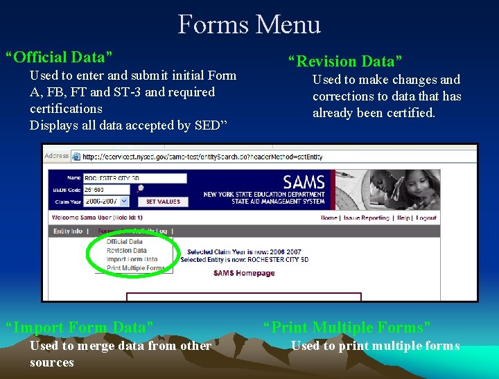 Forms Menu “Official Data” Used to enter and submit initial Form A, FB, FT