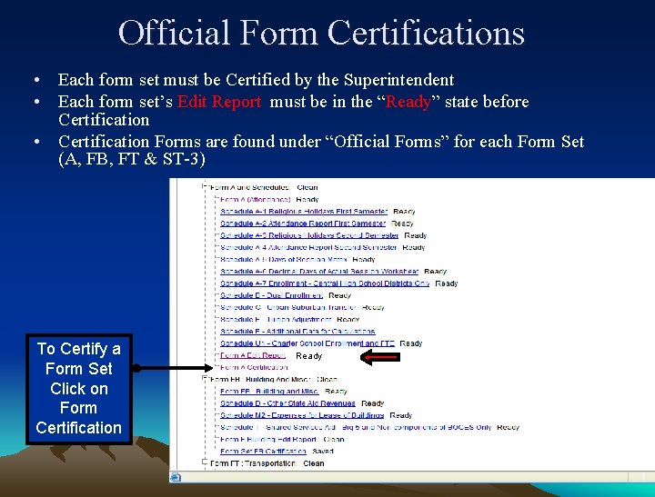 Official Form Certifications • Each form set must be Certified by the Superintendent •