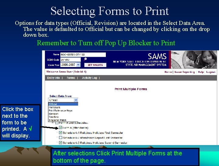 Selecting Forms to Print Options for data types (Official, Revision) are located in the