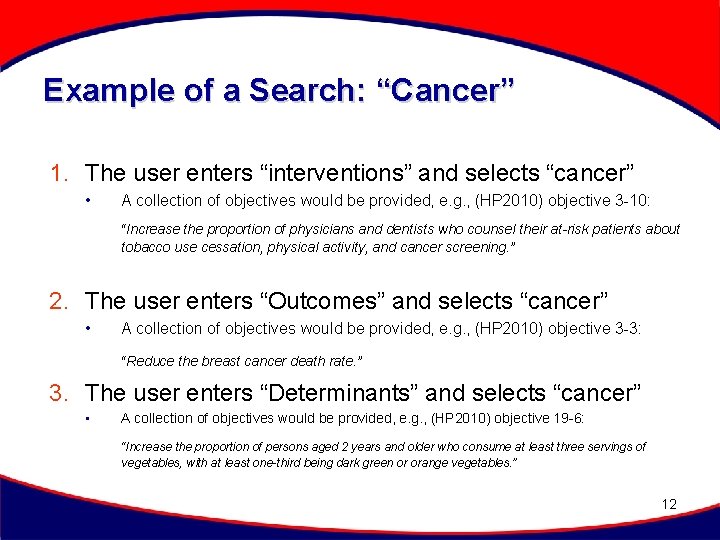 Example of a Search: “Cancer” 1. The user enters “interventions” and selects “cancer” •