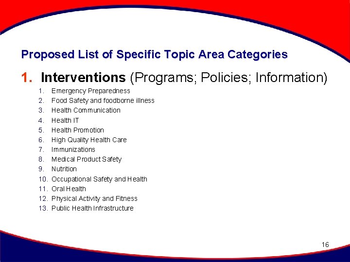 Proposed List of Specific Topic Area Categories 1. Interventions (Programs; Policies; Information) 1. 2.