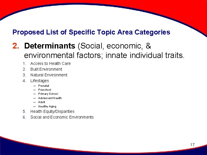 Proposed List of Specific Topic Area Categories 2. Determinants (Social, economic, & environmental factors;