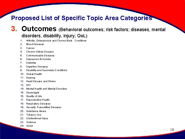 Proposed List of Specific Topic Area Categories 3. Outcomes (Behavioral outcomes; risk factors; diseases,