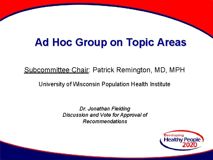 Ad Hoc Group on Topic Areas Subcommittee Chair: Patrick Remington, MD, MPH University of