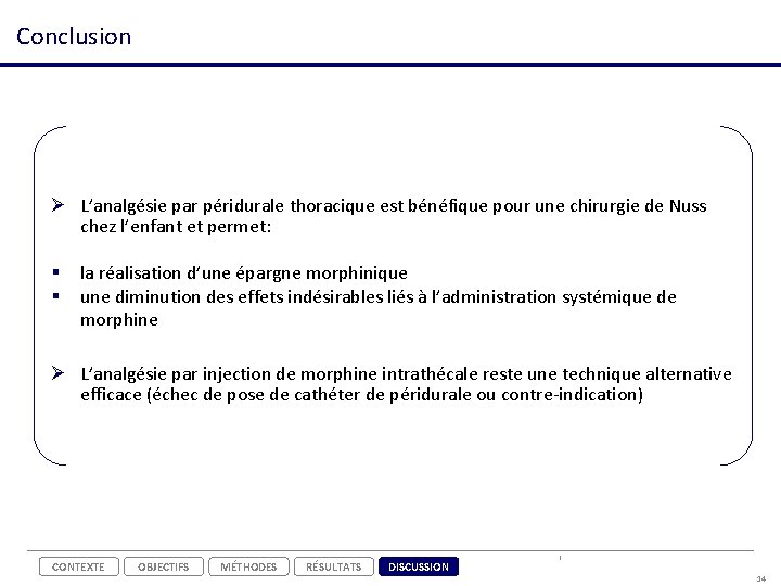 Conclusion Ø L’analgésie par péridurale thoracique est bénéfique pour une chirurgie de Nuss chez