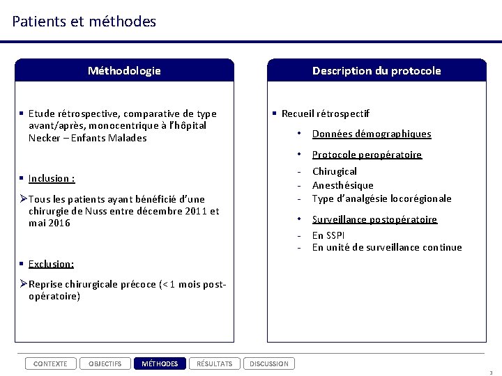 Patients et méthodes Méthodologie Description du protocole § Etude rétrospective, comparative de type avant/après,