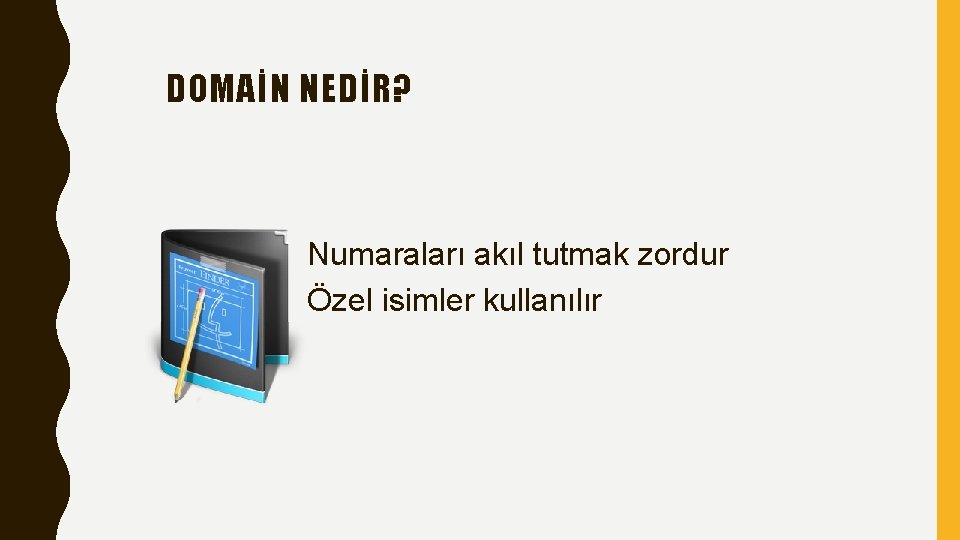 DOMAİN NEDİR? Numaraları akıl tutmak zordur Özel isimler kullanılır 