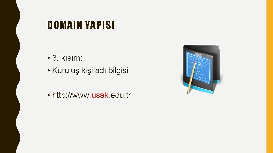 DOMAIN YAPISI • 3. kısım: • Kuruluş kişi adı bilgisi • http: //www. usak.