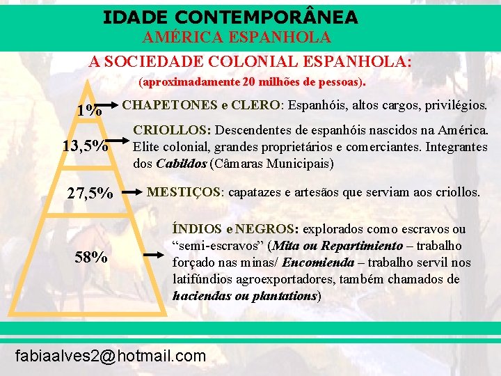 IDADE CONTEMPOR NEA AMÉRICA ESPANHOLA A SOCIEDADE COLONIAL ESPANHOLA: (aproximadamente 20 milhões de pessoas).