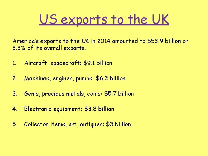 US exports to the UK America’s exports to the UK in 2014 amounted to