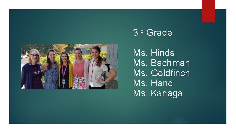 3 rd Grade Ms. Hinds Ms. Bachman Ms. Goldfinch Ms. Hand Ms. Kanaga 