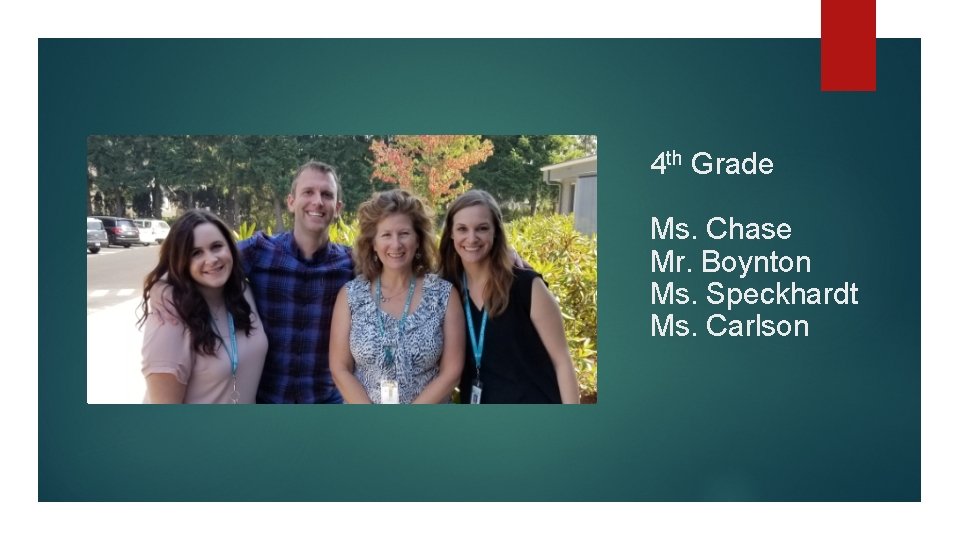 4 th Grade Ms. Chase Mr. Boynton Ms. Speckhardt Ms. Carlson 