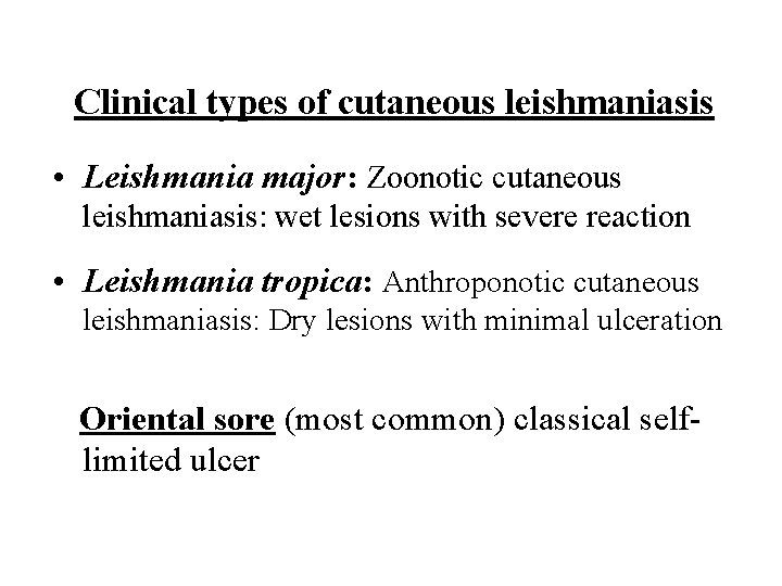 Clinical types of cutaneous leishmaniasis • Leishmania major: Zoonotic cutaneous leishmaniasis: wet lesions with
