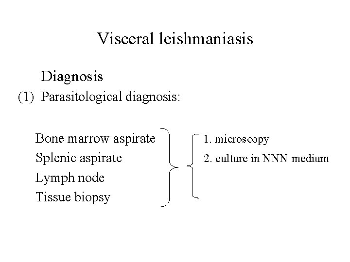 Visceral leishmaniasis Diagnosis (1) Parasitological diagnosis: Bone marrow aspirate Splenic aspirate Lymph node Tissue